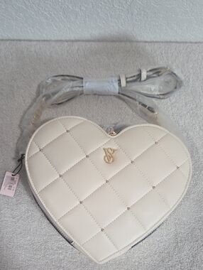 Victoria's Secret Cream Quilted Heart Crossbody Bag with Gold Logo